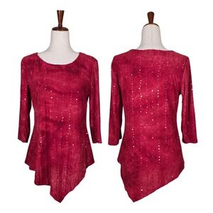 Y2K Asymmetrical Long Sleeve Top Size S Red Sequins Lagenlook Fairy Whimsigoth